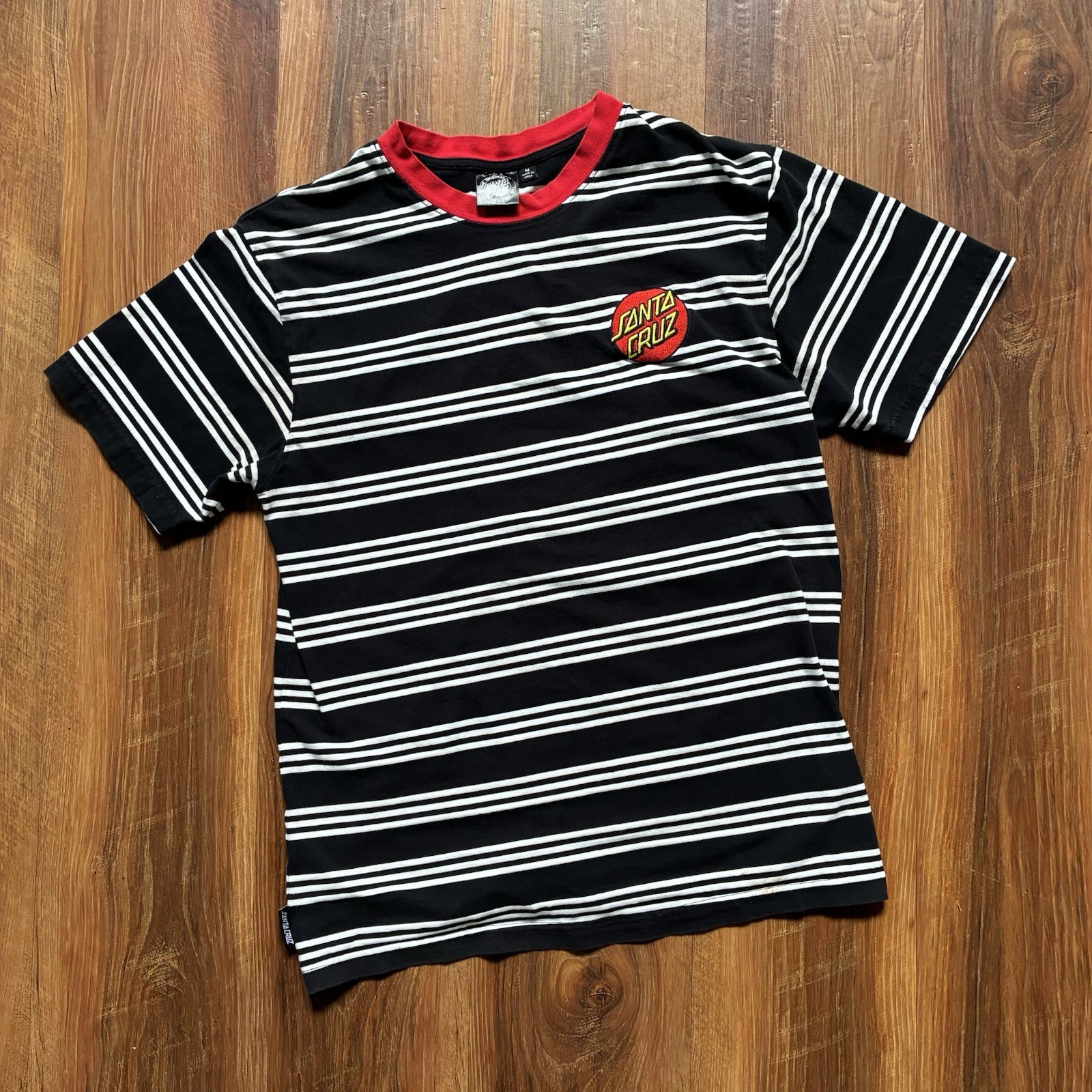 Santa Cruz Striped Ringer T-Shirt Black White Red Embroidered Dot Logo Medium gallery