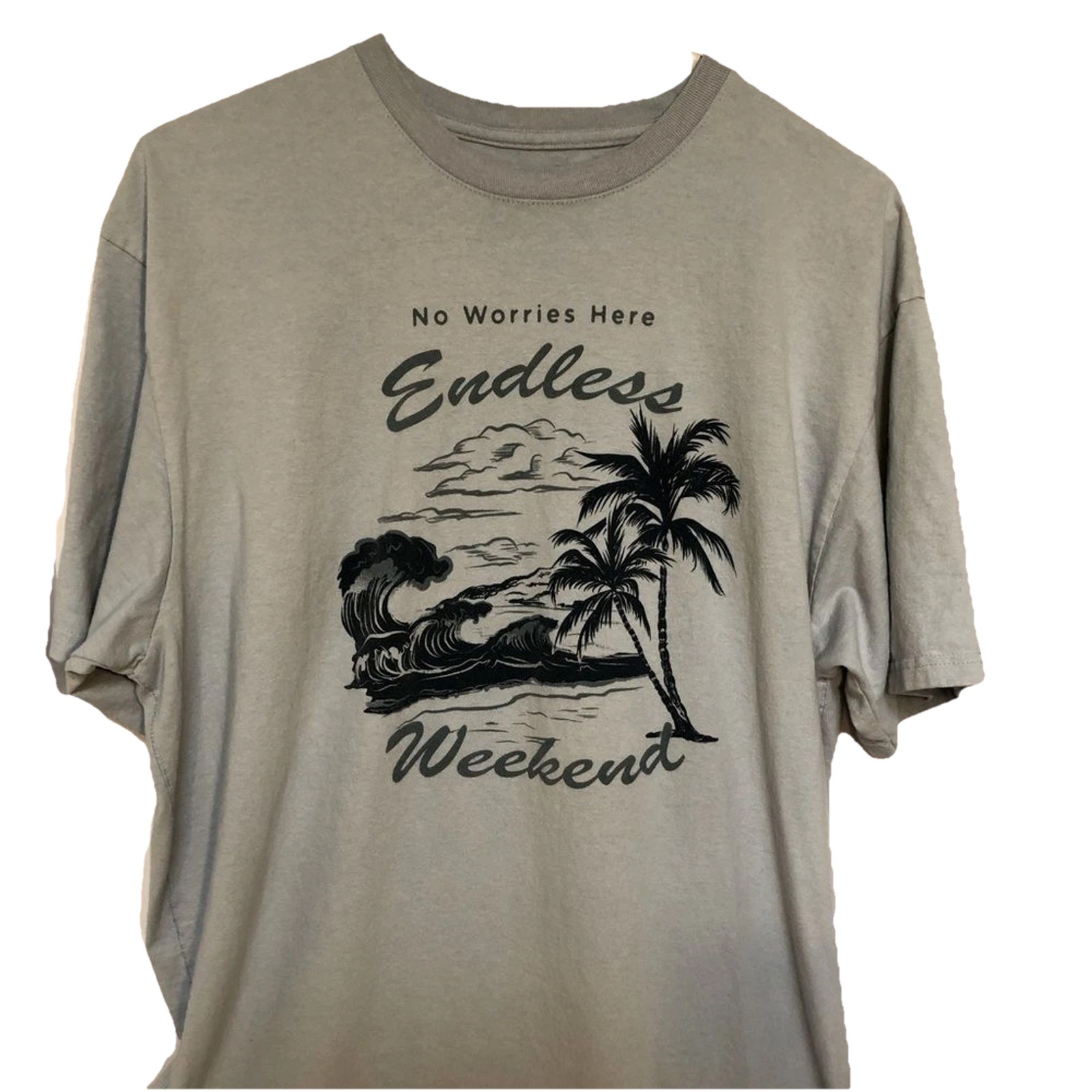 Light Blue T-Shirt, XXL “No Worries Here Endless Weekend” Graphic Surf Beach