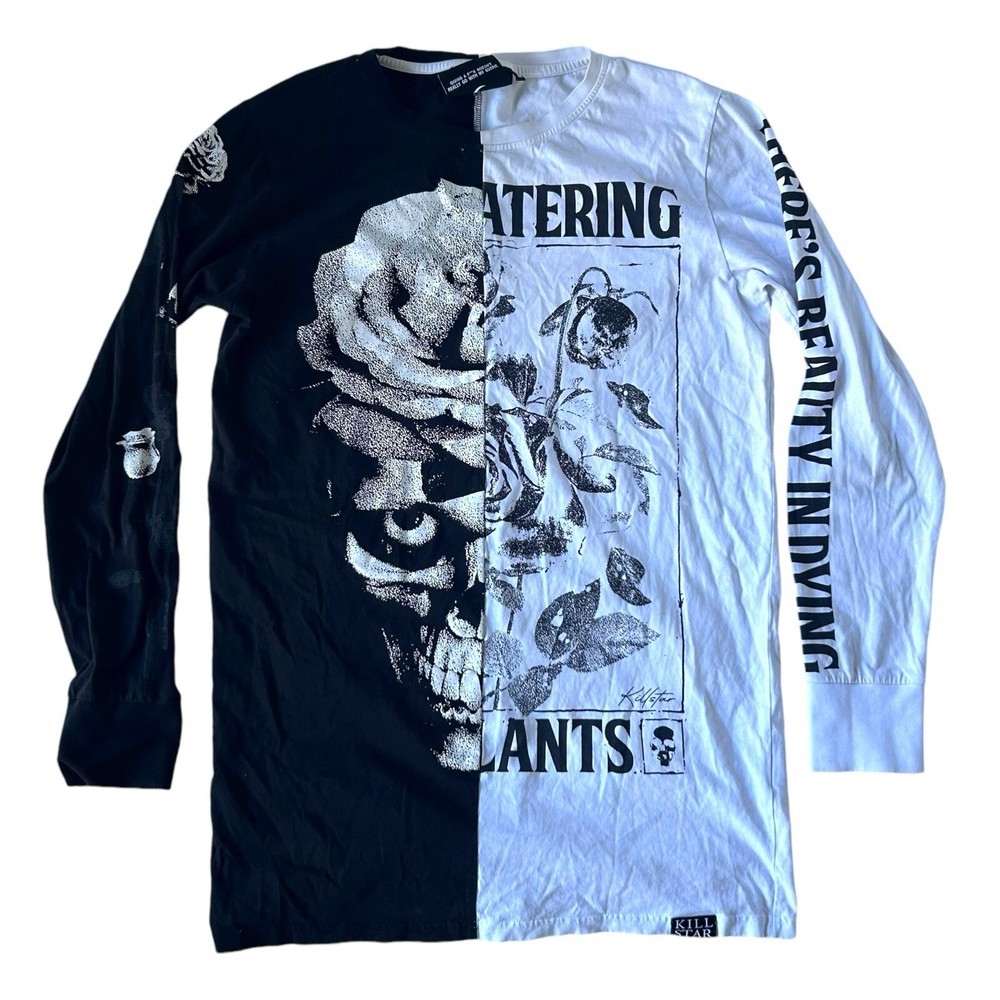 Killstar Gothic Dead Rose Split Black White Long Sleeve Shirt Skull Medium M