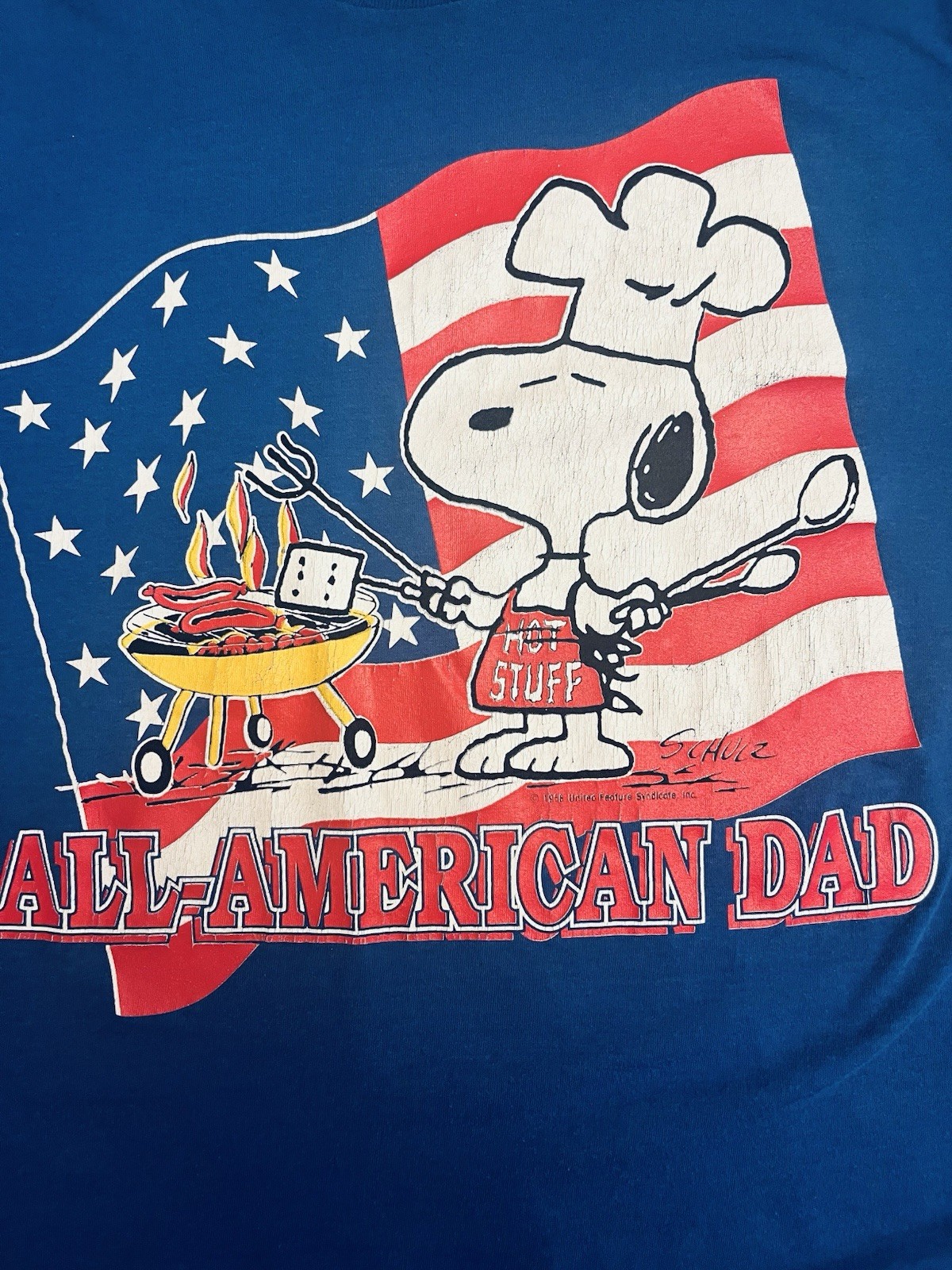 VTG 50’s Snoopy All American Dad Grill T Shirt Single Stitch 4th of July Flag