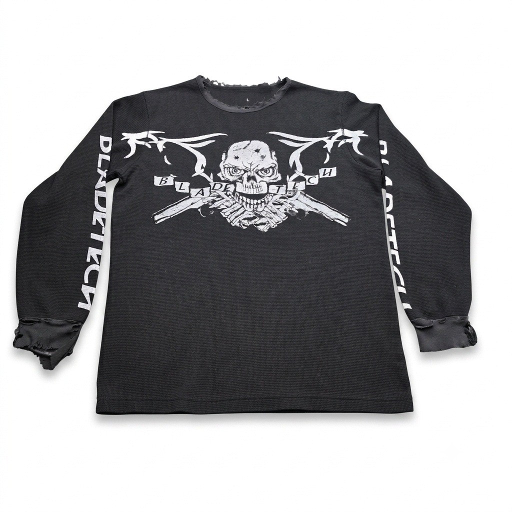 Blade-Tech Skull Guns Waffle Thermal Long Sleeve Shirt Mens L Thrashed Y2K Biker gallery