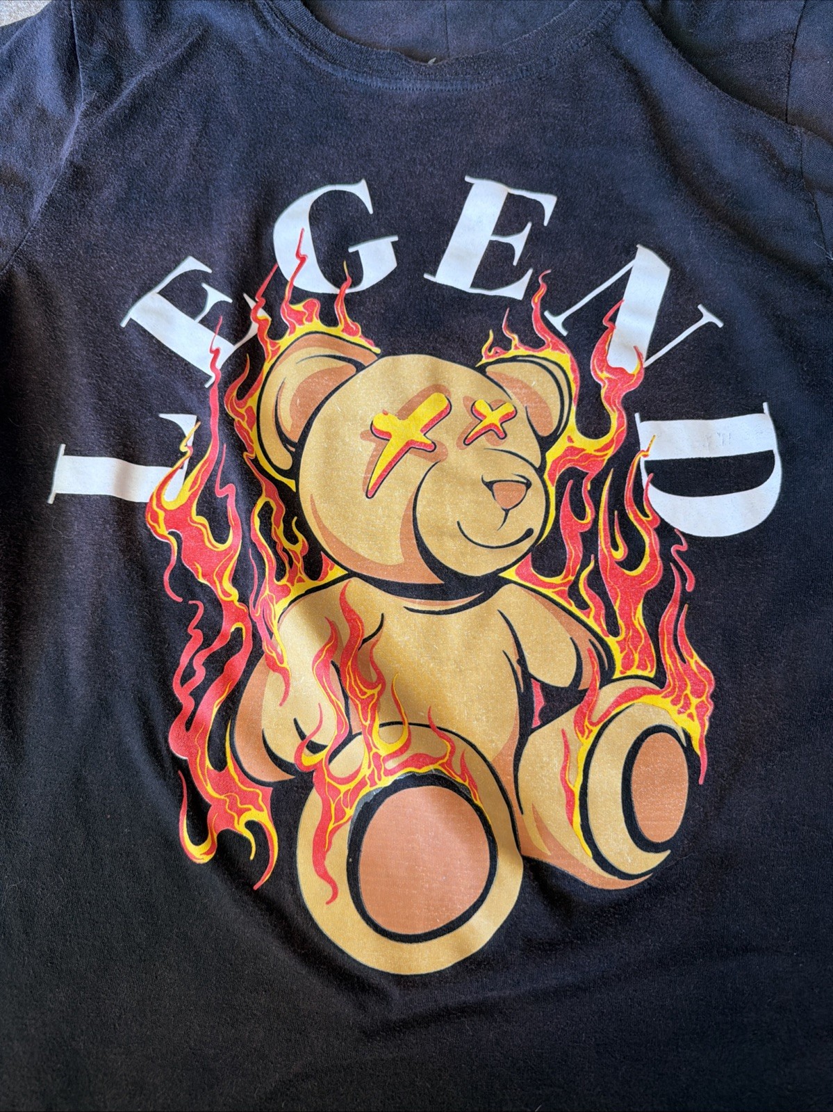 Legend Flaming Teddy Bear Graphic T-Shirt Dark Streetwear Size Small gallery