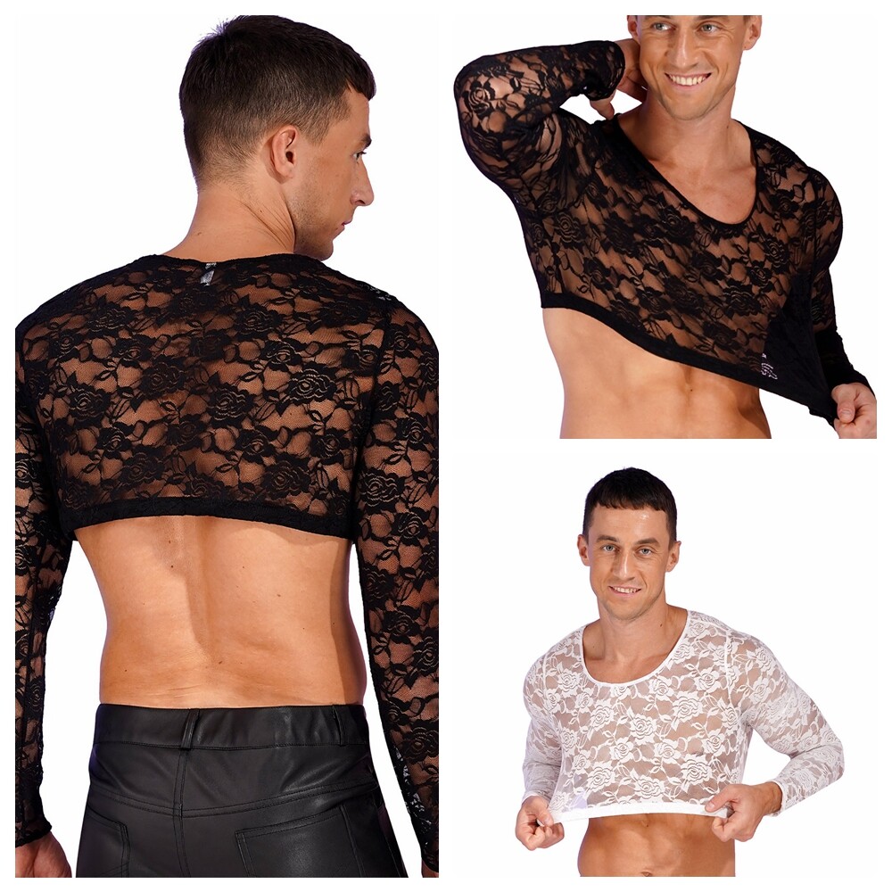 US Sissy Mens See Through Sheer Lingerie Lace Babydoll Crop Top T Shirt Clubwear gallery