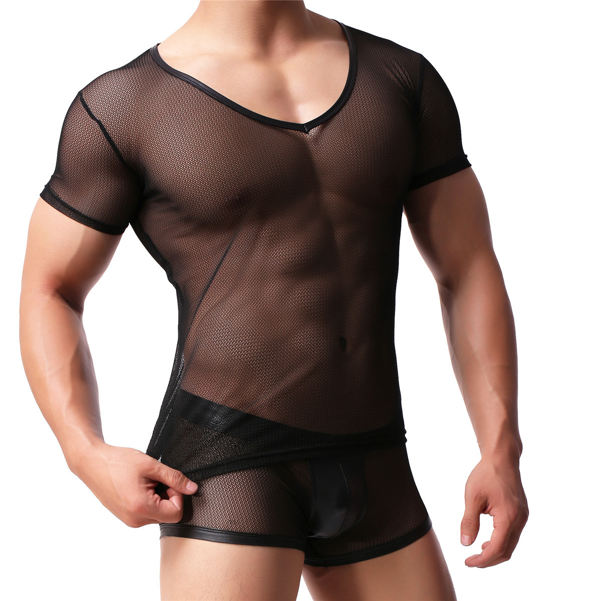 Men Mesh Transparent T-shirt Gym Training Tank Top Net Sport Sheer Boxers Shorts gallery
