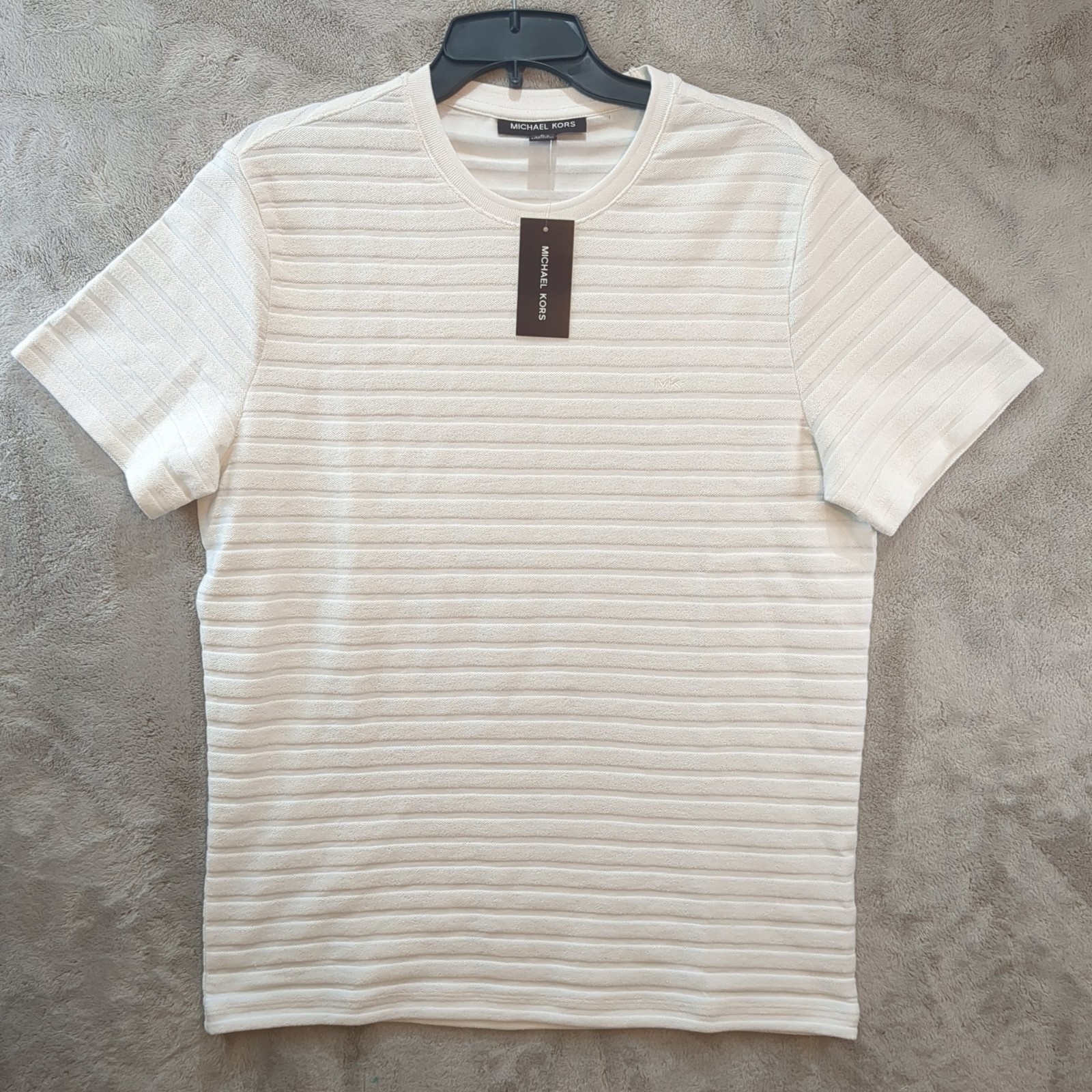NWT Michael Kors Mens M White Horizontal Ottoman Ribbed Texture Crewneck T-Shirt gallery