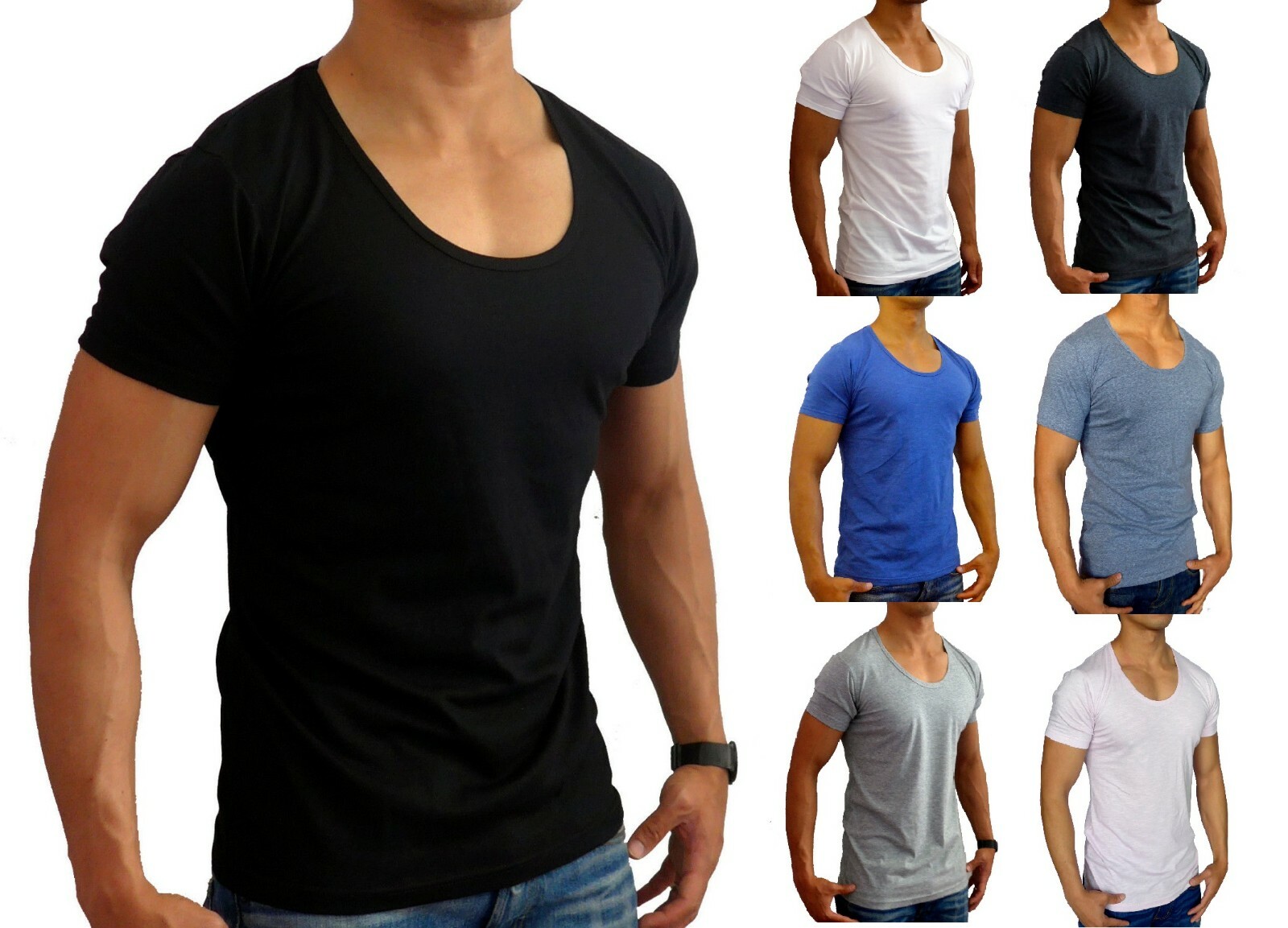 NEW MENS PLAIN DEEP SCOOP T SHIRT SLIM FIT S - XXL EURO CASUAL MUSCLE FASHION gallery