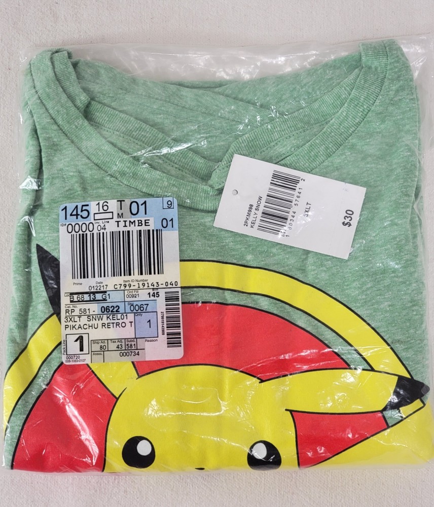 New Men’s 3XLT Pokémon Pikachu Graphic T-Shirt Kelly Snow Heather Green $30