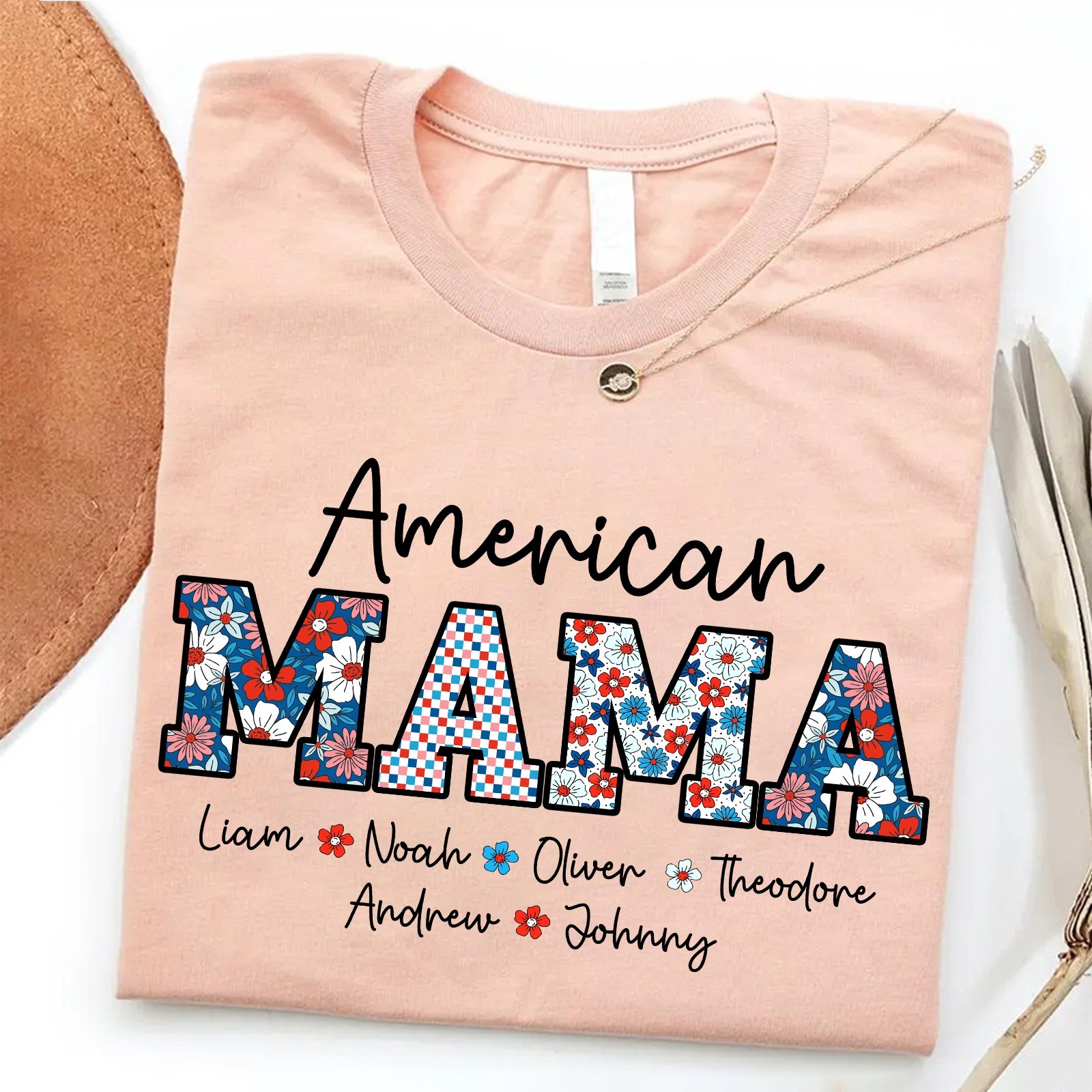 Personalized American Mama Shirt Kids Names Patriotic 4th of July Mom Gift Tee gallery