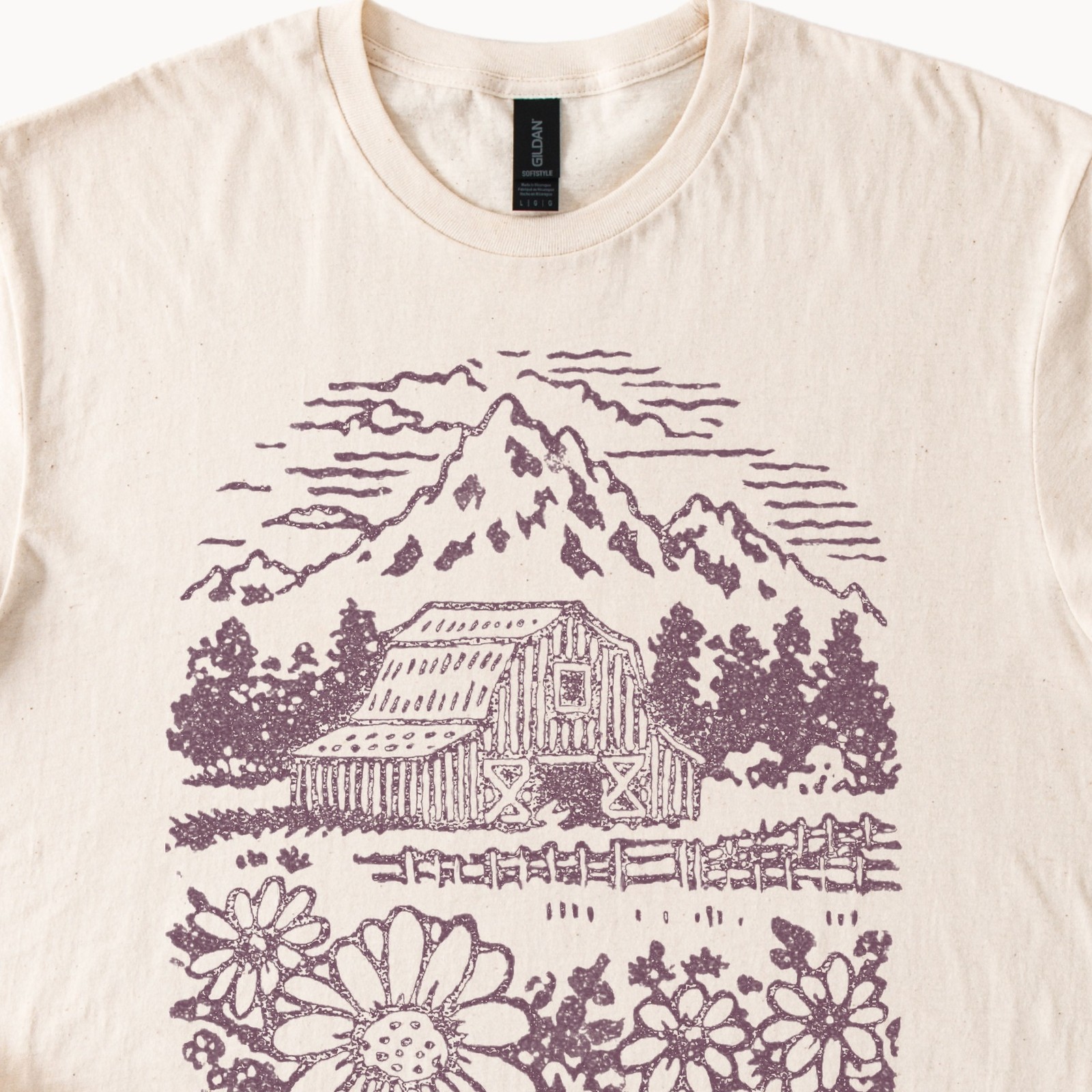 Rustic Barn Mountain Landscape Graphic Tee Woodcut Style Nature Art gallery