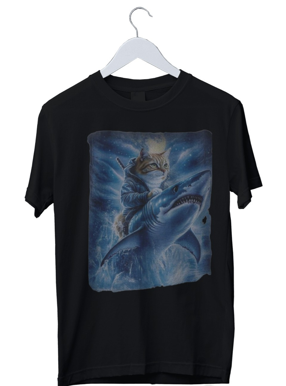 Funny-cat riding shark t-shirt-vintage Night Forest Graphic Shirt S M L XL 234XL