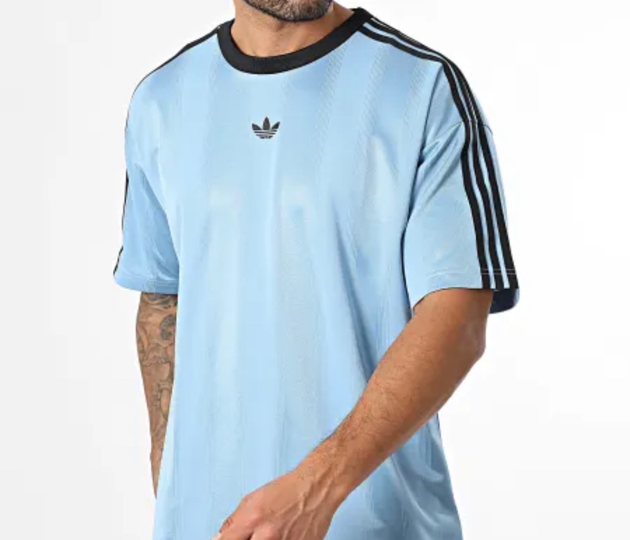 NEW MENS ADIDAS ORIGINALS Medium TREFOIL POLY TEE SHIRT Jacquard Ash Blue Black gallery