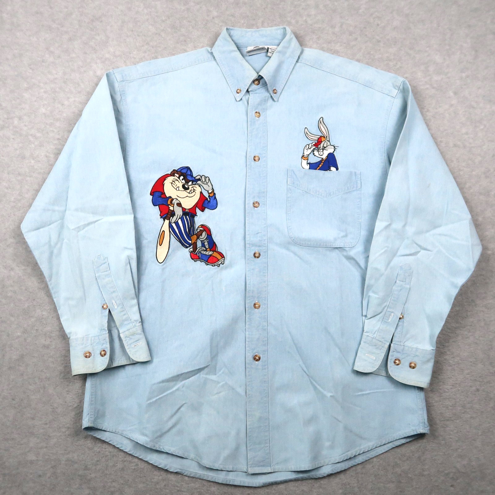 Vintage 90s Looney Tunes Chambray Denim Shirt Bugs Bunny Taz Medium M gallery