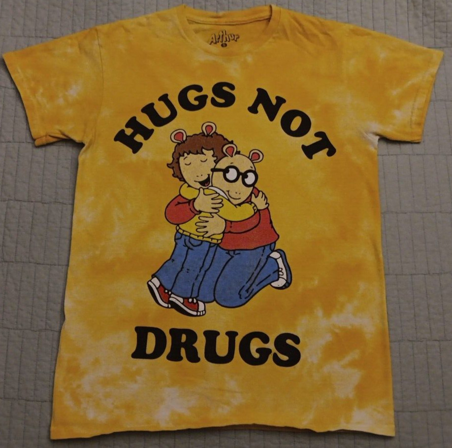 Unisex Small Arthur Yellow Tie Dye Hugs Not Drugs Graphic T Shirt gallery