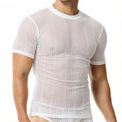 Men Daily Undershirts T-shirts Mesh Sheer Casual Tops Glitter Short Sleeve Tees