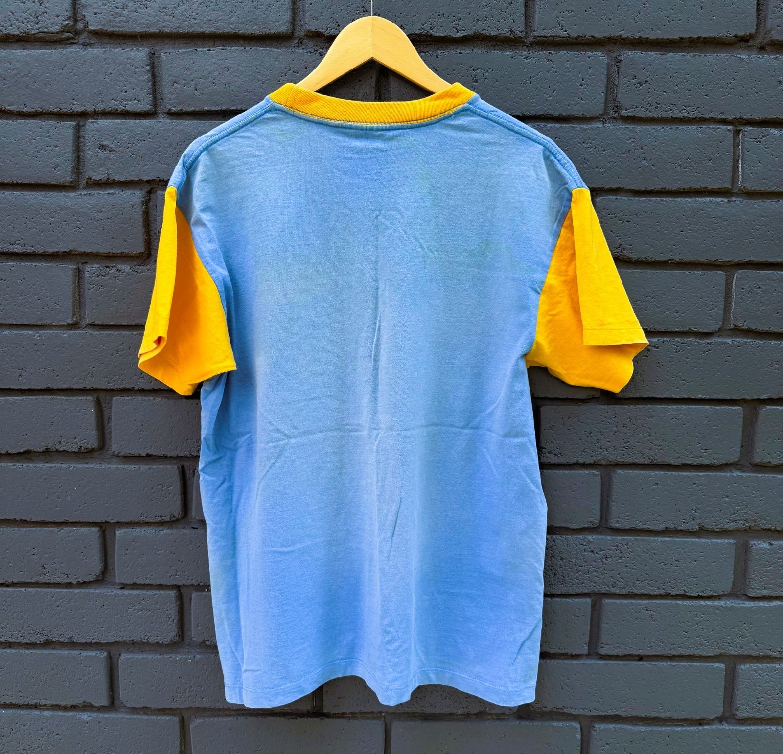 VTG Sunshine T shirt Racing Graphic Print Colorblock Blue Yellow L Short Sleeves gallery