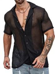 Men’s Beach Hollow Knit Button Down Shirt Breathable Summer Casual Top S-3XL