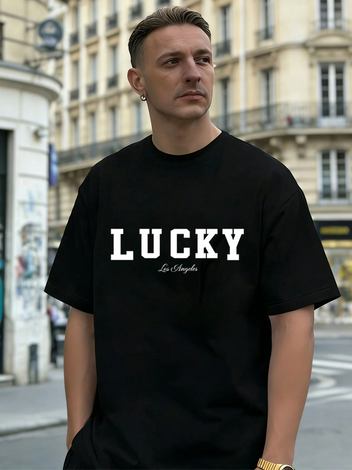 Lucky Los Angeles Graphic Cotton Men’s T-Shirt, Suitable for Daily Casual Wear