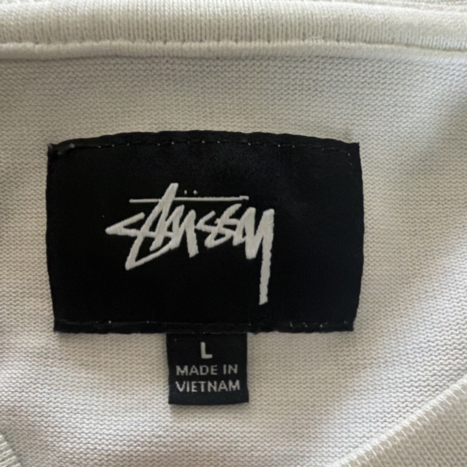 Stussy Men's Beige Graphic Logo Crew Neck Long Sleeve Cotton Knit Tee L gallery