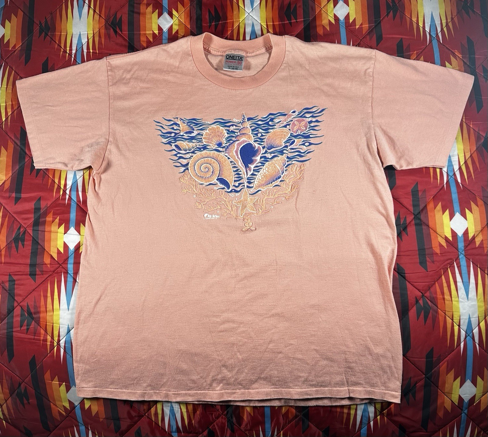 Vintage 90's Oneita Nature Shells Ocean T-Shirt XL Single Stitch USA Made Pink gallery