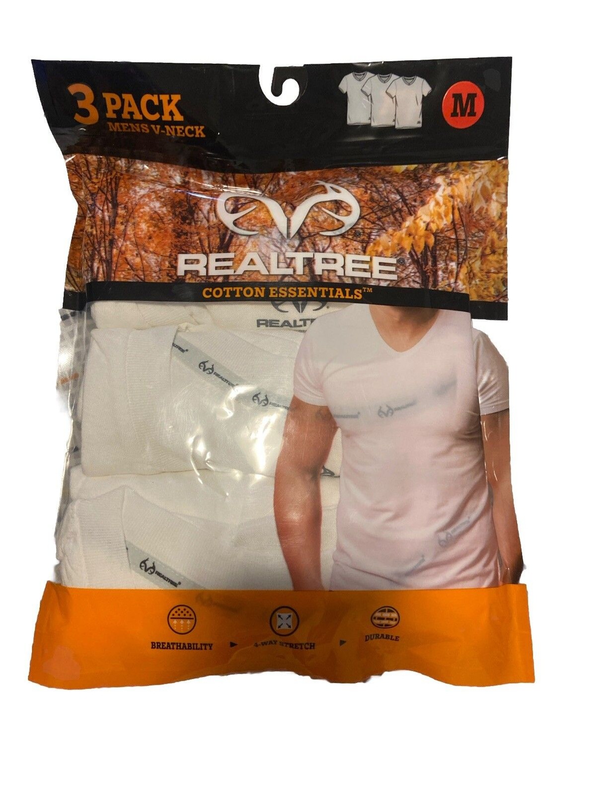 Realtree Men Cotton 3-pack V-neck T-shirts White Size Medium New in Package