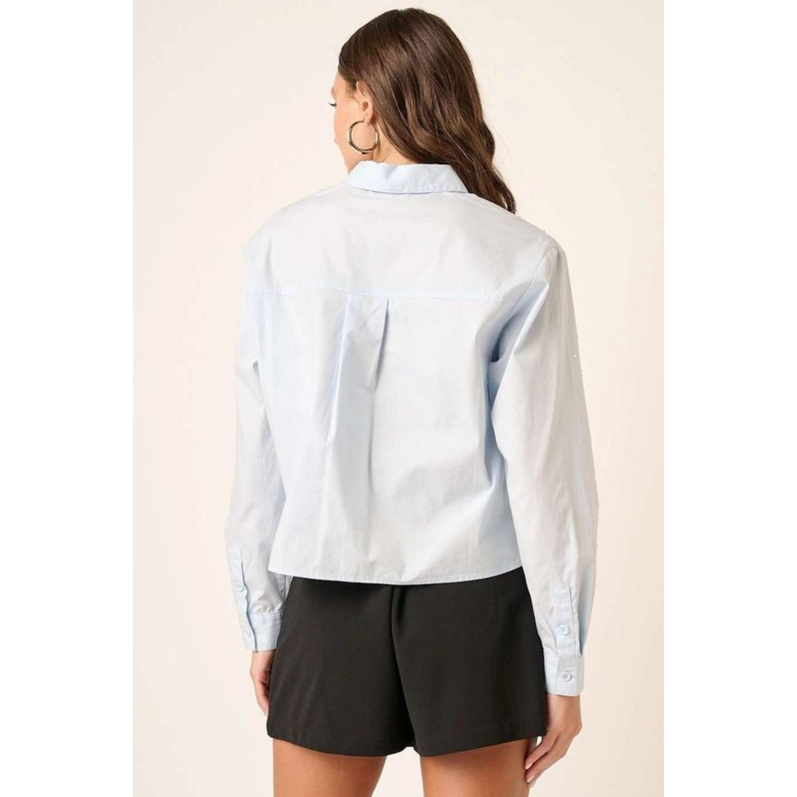 Light Blue Embroidered Polka Dot Blouse Button Down Long Sleeve Size L gallery
