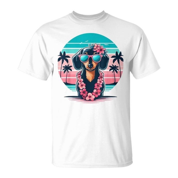 Retro Hawaiian Dachshund Dog Tropical Floral Summer Vibes T-Shirt