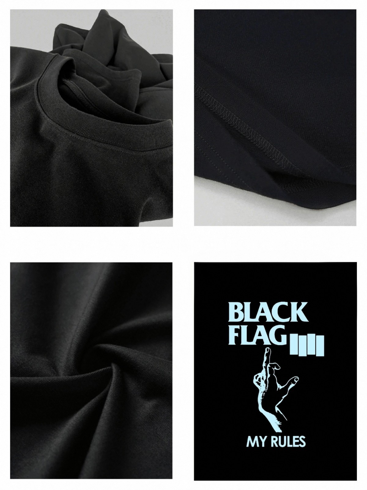 Black Flag My Rules Graphic Print Black T Shirt Punk Rock Style Casual Crew Neck gallery