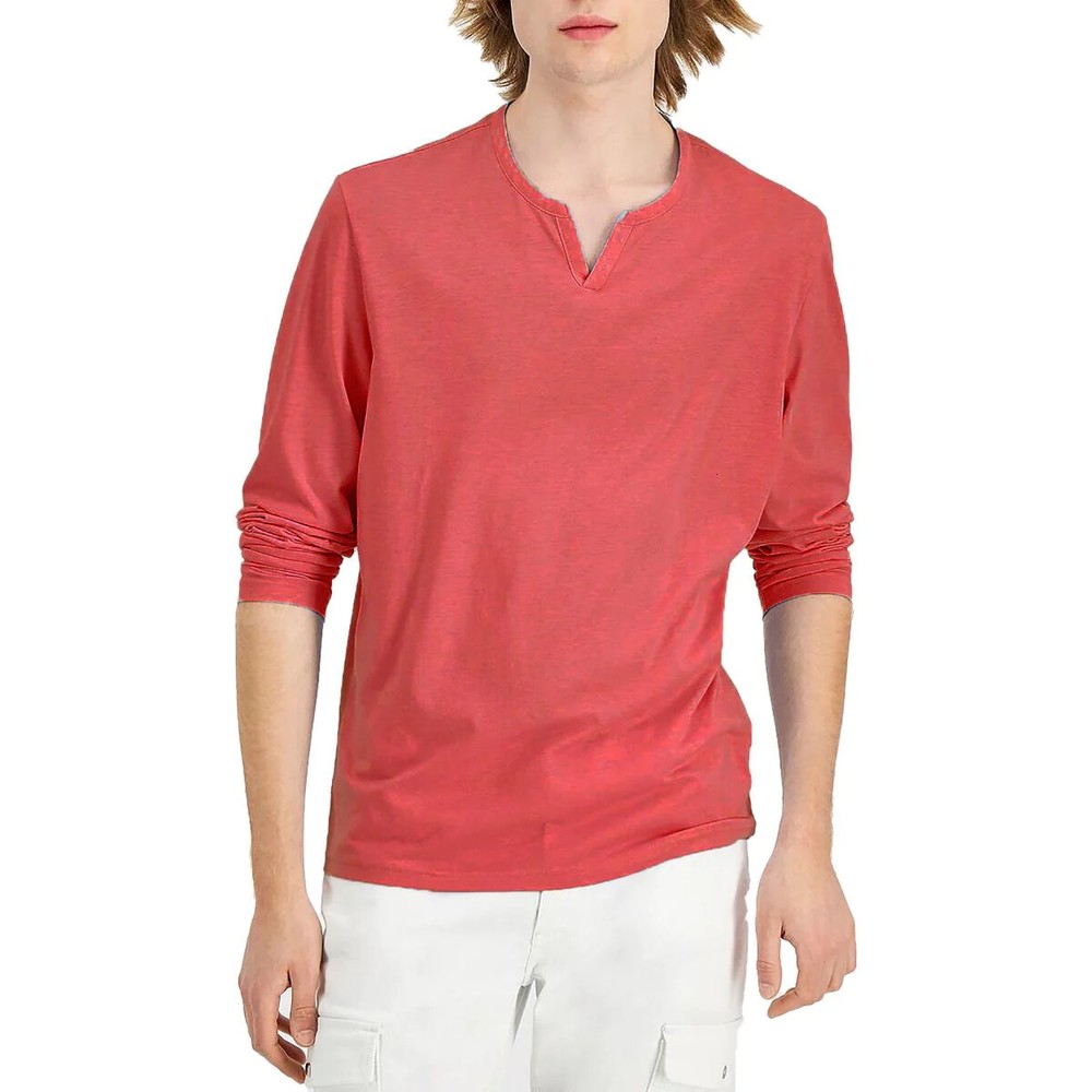 INC INTERNATIONAL CONCEPTS Split Neck Heather Ruby Red Long Sleeve T-Shirt XL