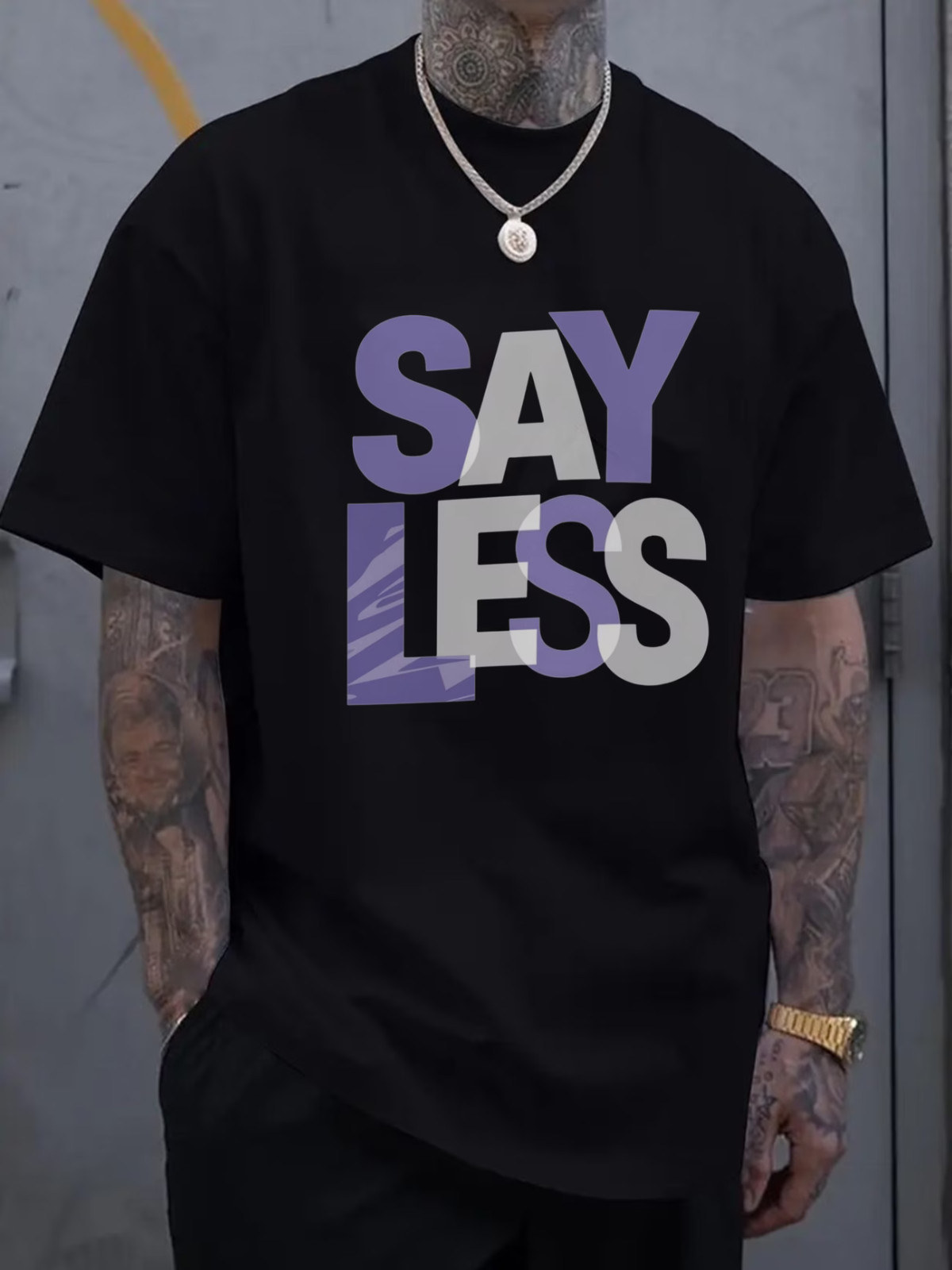 Men’S Black T-Shirt with Purple and White SAY LESS Print for Casual Wear