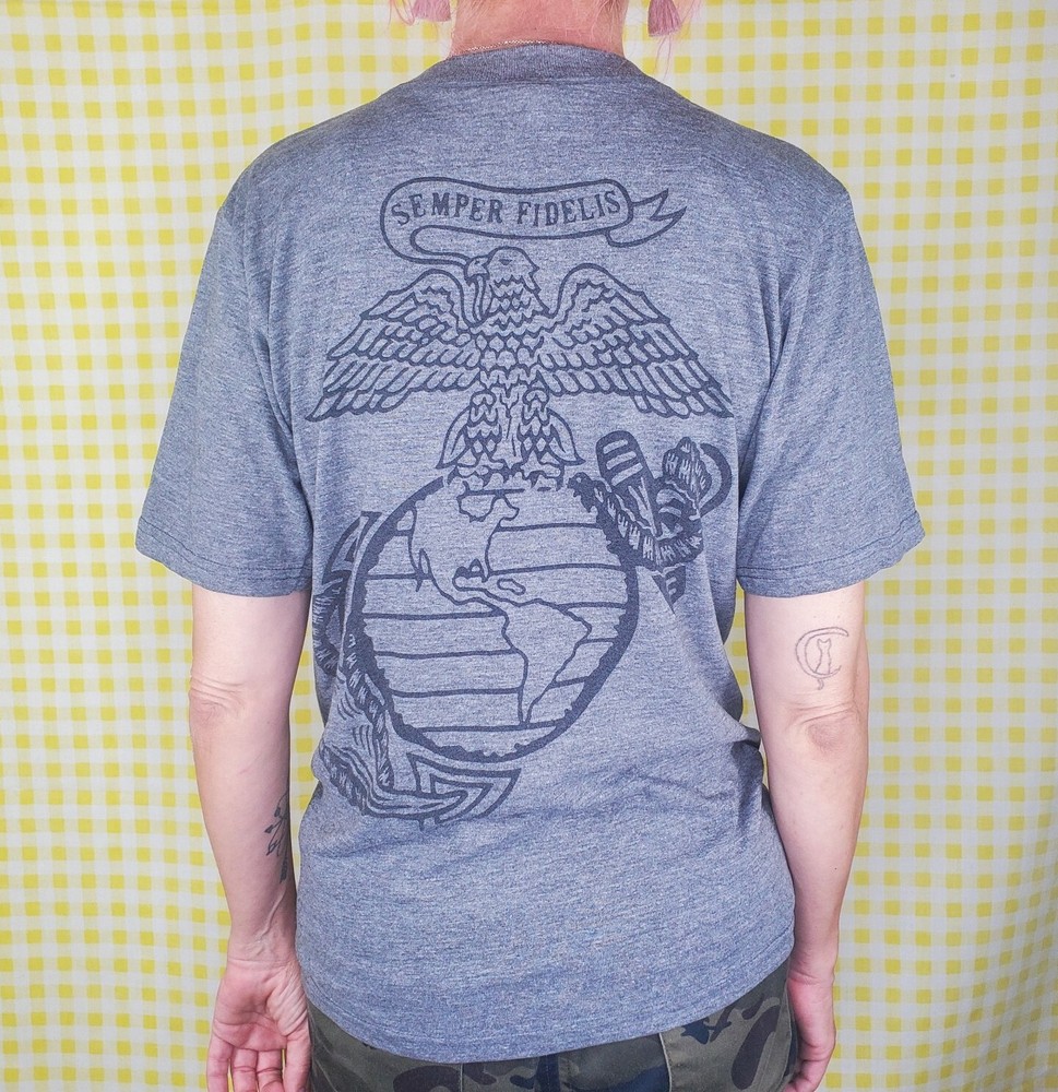 VTG Marines Semper Fidelis Soffe Gray Logo Double Sided T-Shirt USA Made Small