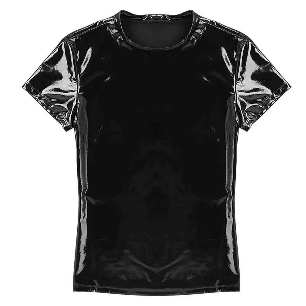 Mens Short Sleeve Faux Leather Wet Look T Shirt in PVC Clubwear Costume Top gallery