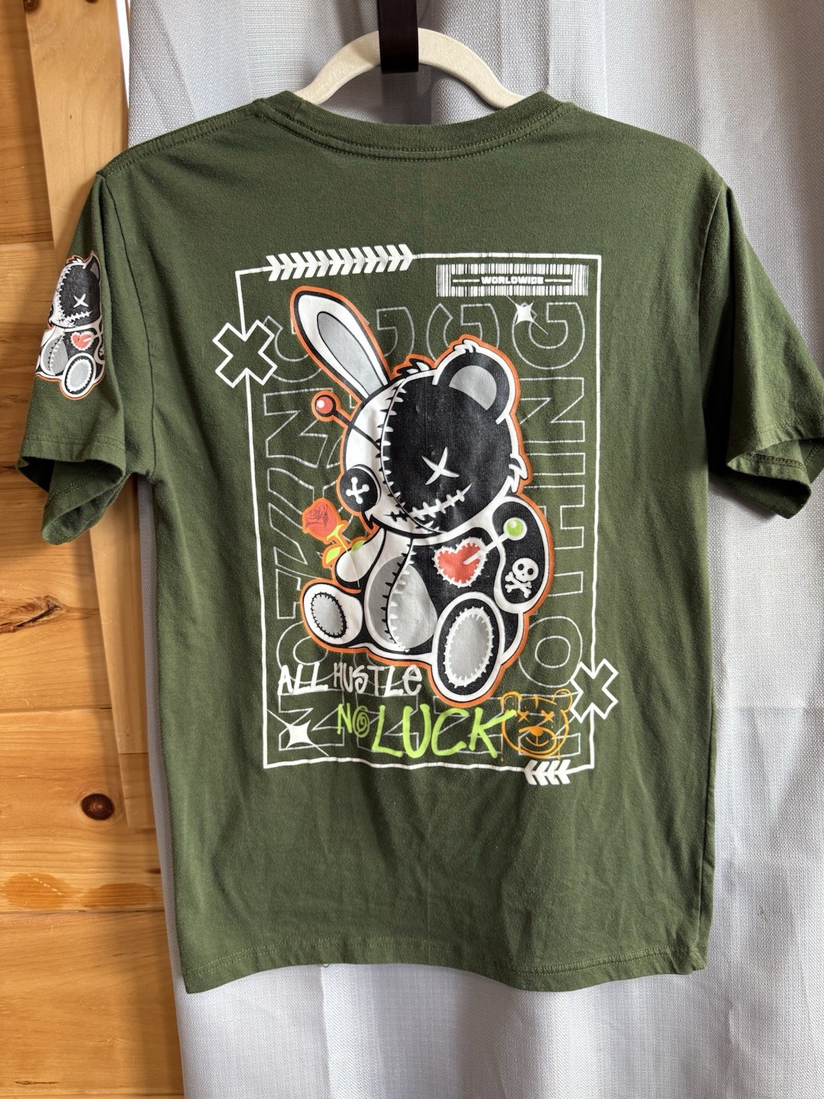 Shirt Youth Sz L 14/16 Olive Green Lucky Charm Sewn Voodoo Bear No Luck gallery