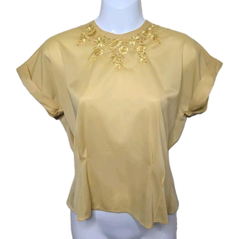 Pretty 50s Vintage Nylon Blouse Dainty Yellow Embroidered Secretary Shirt B5