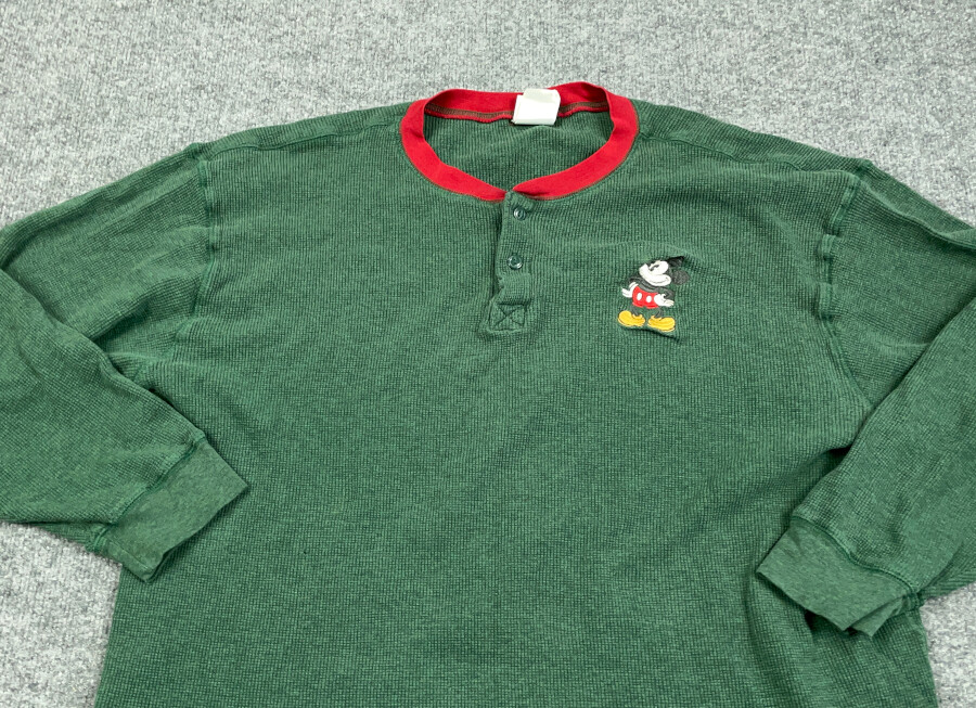 VTG Disney Store Mickey Mouse Green Embroidered Henley T-Shirt Adult XL Thermal gallery