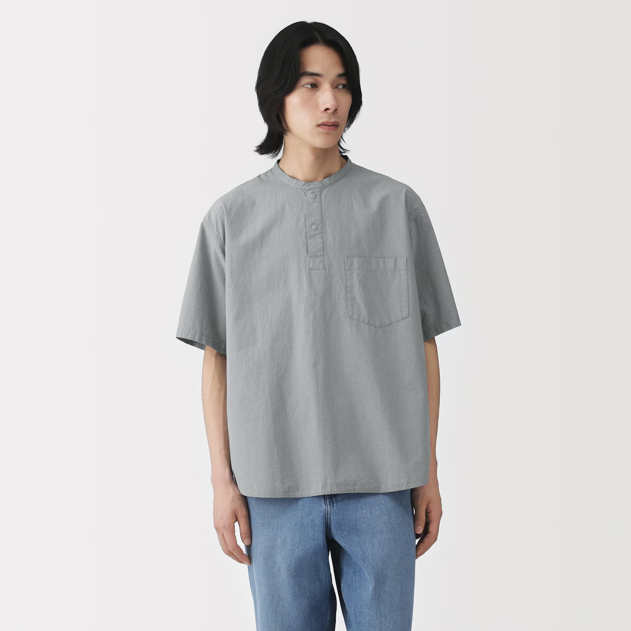 MUJI Mens 100% Organic Cotton Cool Touch Henley Neck T Shirt Gray Check FedEx