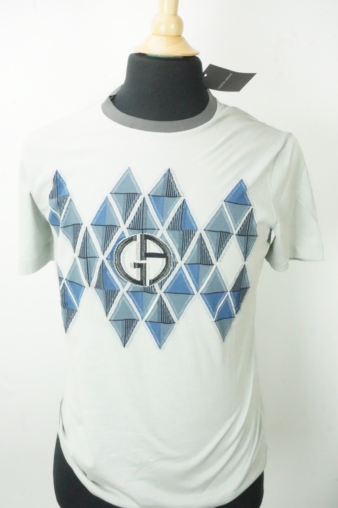 Giorgio Armani Black Label Gray Blue Argyle Cotton T Shirt Sz 50 NEW