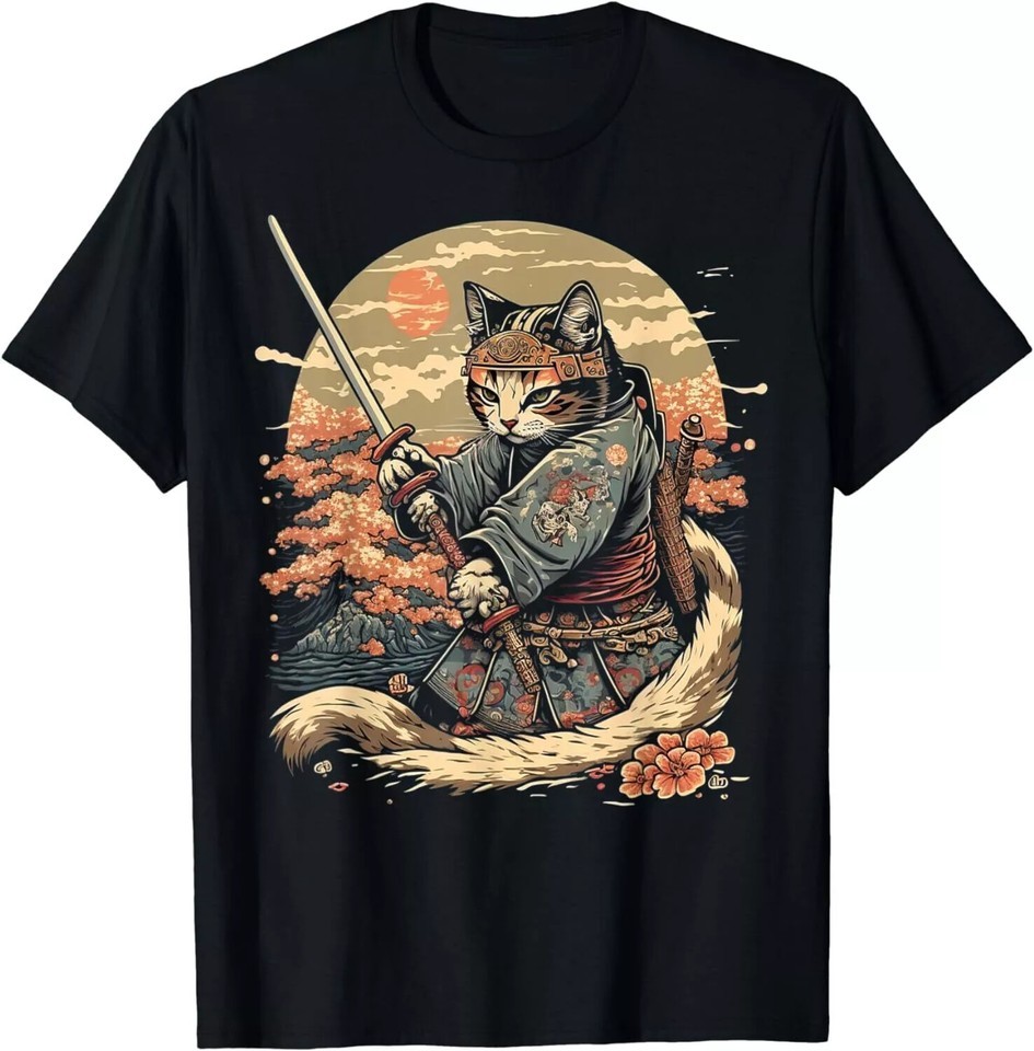 Japanese Art Cat Ninja Anime Samurai Cat T-Shirt, S-5XL, Made in US gallery