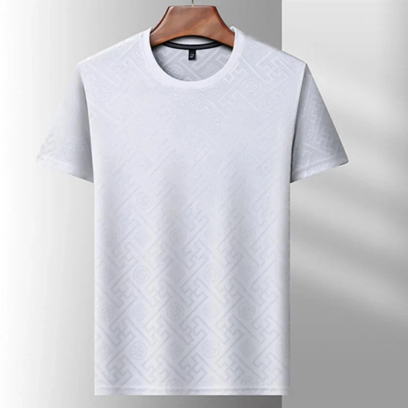 New Men’s Jacquard T-Shirt Casual Short Sleeve Round Neck Breathable Fashion TOP gallery