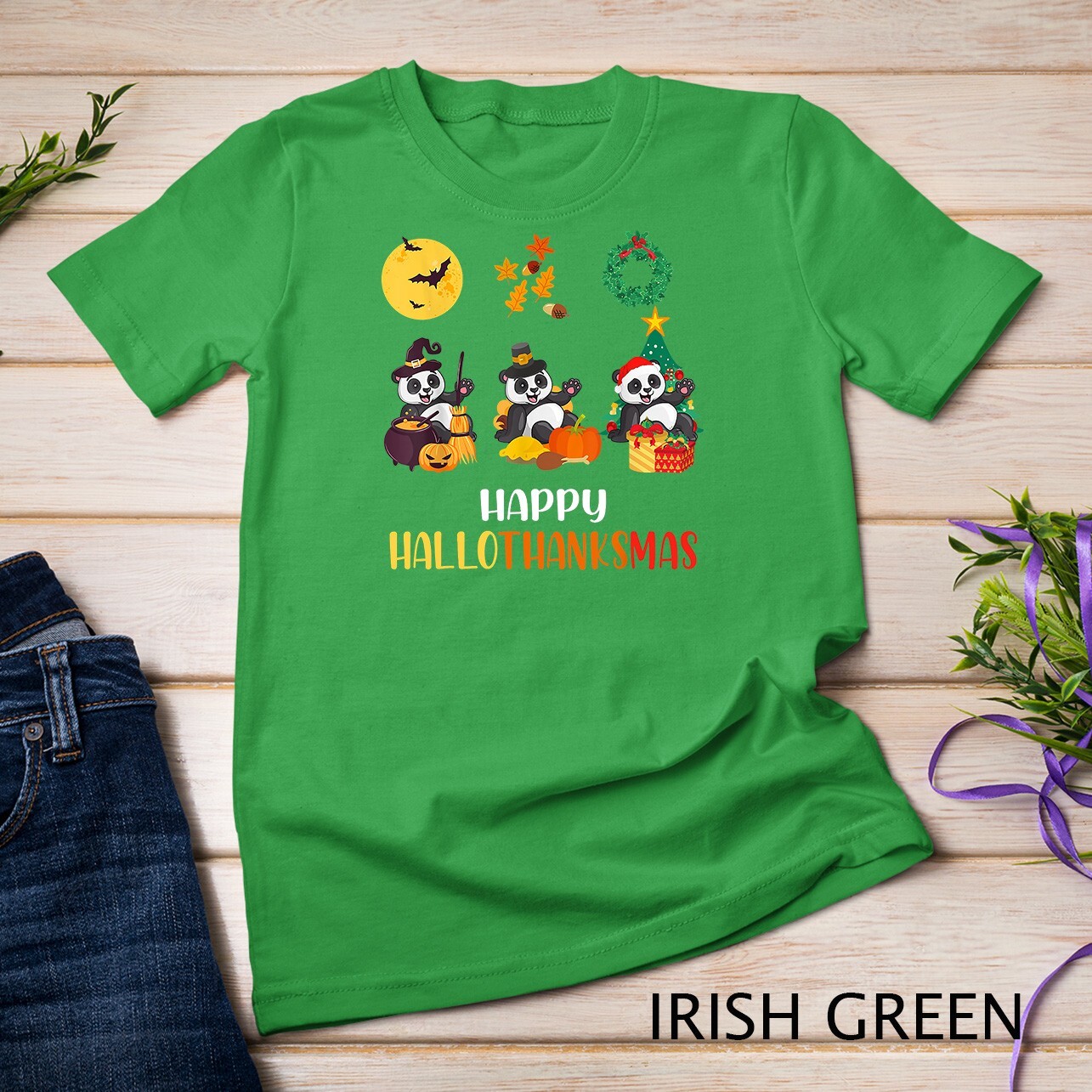 Panda Halloween And Merry Christmas Happy Hallothanksmas T-Shirt Unisex T-shirt gallery