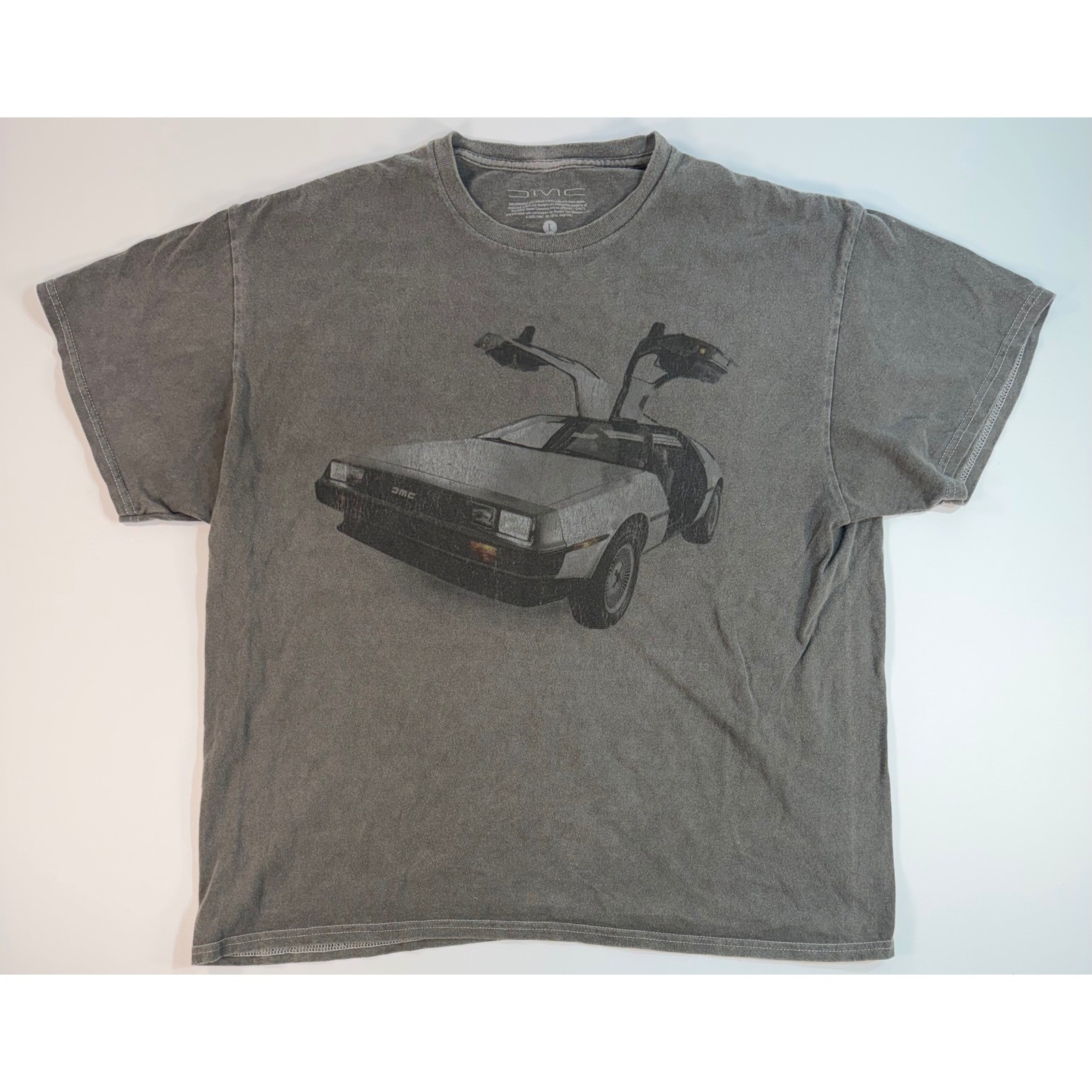 DMC DeLorean Car Graphic T-Shirt Mens Large Gray Acid Wash Goodie Two Sleeves gallery