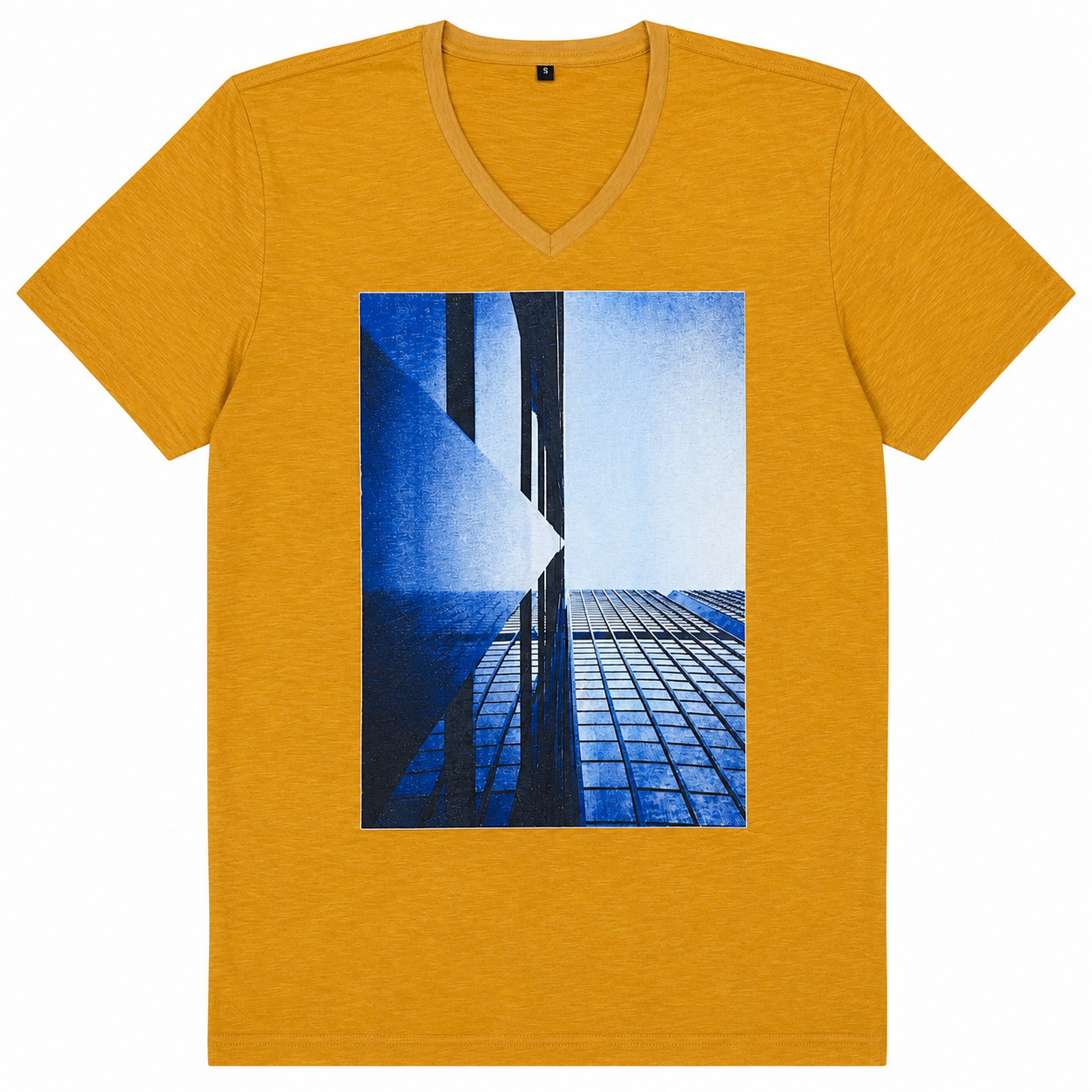 Mustard Yellow V-Neck T-Shirt Graphic Print Modern Everyday Wear- Size- L gallery