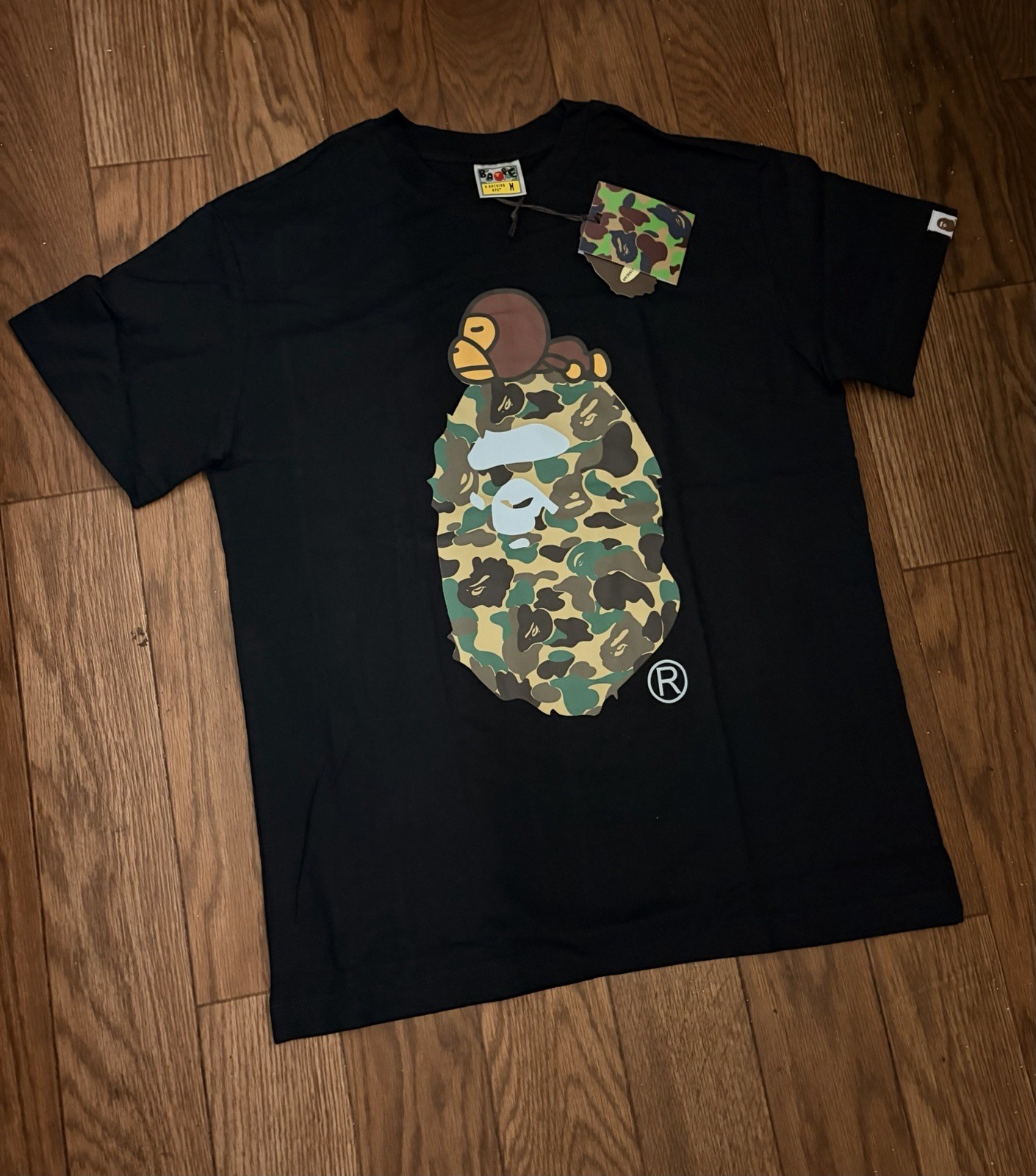 A Bathing Ape BAPE Baby Milo Camo Ape Head Graphic Tee Black Men's XXL gallery
