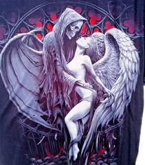 Men’s Black Forbidden Grim Reaper Angel Skeleton Fantasy Goth T-Shirt Size XL