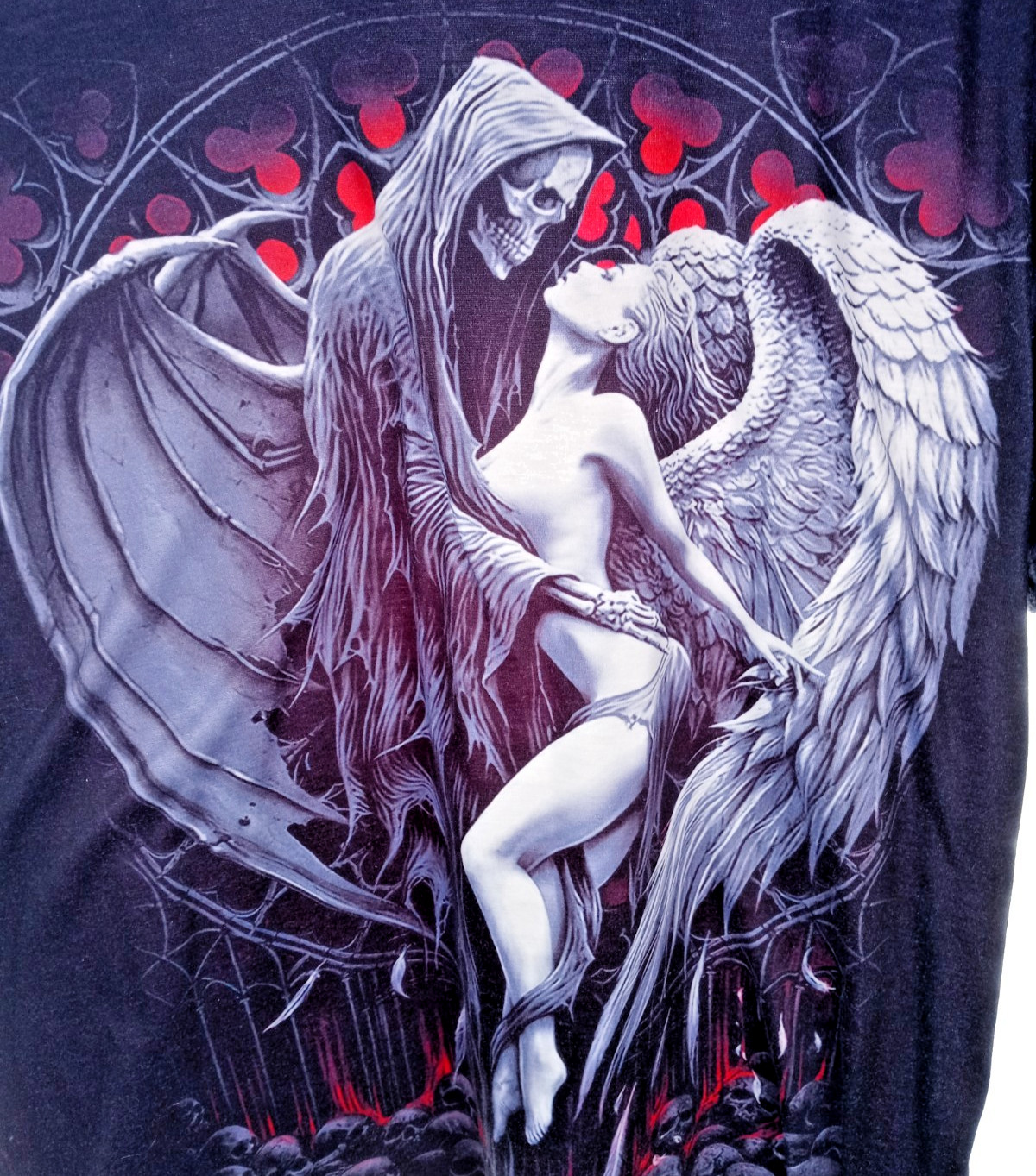Men's Black Forbidden Grim Reaper Angel Skeleton Fantasy Goth T-Shirt Size XL gallery
