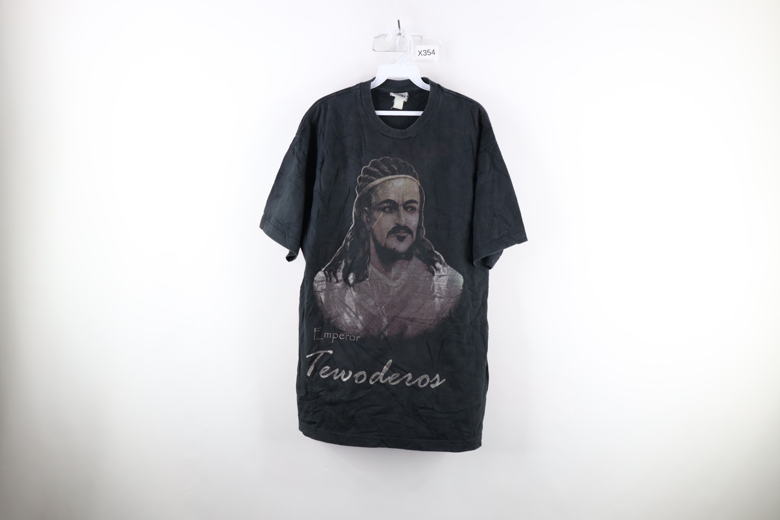 Vintage 90s Mens Large Faded Spell Out Ethiopia Emperor Tewoderos T-Shirt Black