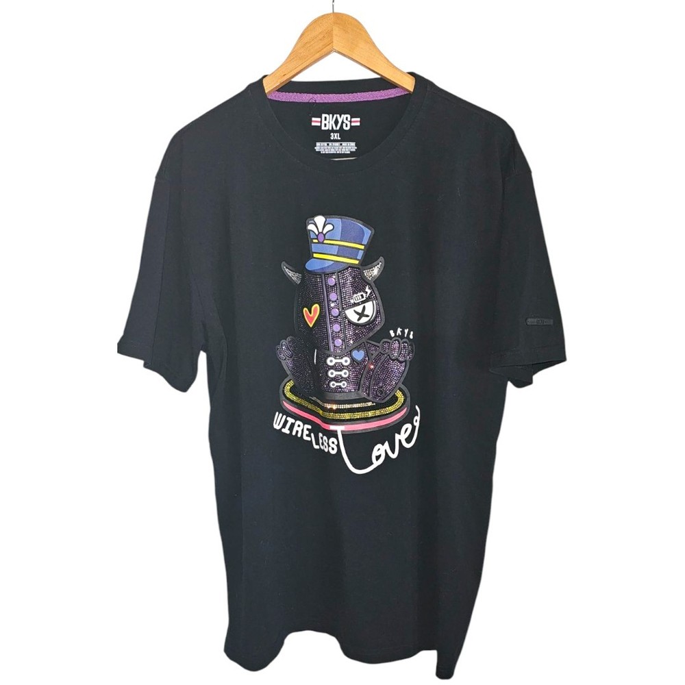 BKYS Mens Black Embellished Wireless Love Crew Neck Bunny T-Shirt Streetwear 3XL