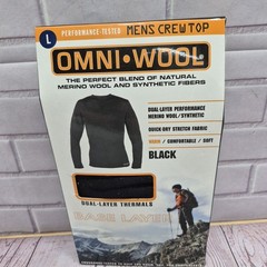 Omni Wool Men’s Black Base Layer Zip Long Sleeve Top Shirt Thermal Size Lrg NIB