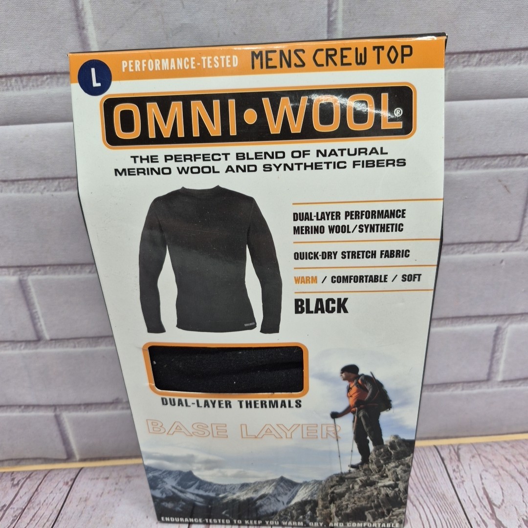 Omni Wool Men’s Black Base Layer Zip Long Sleeve Top Shirt Thermal Size Lrg NIB