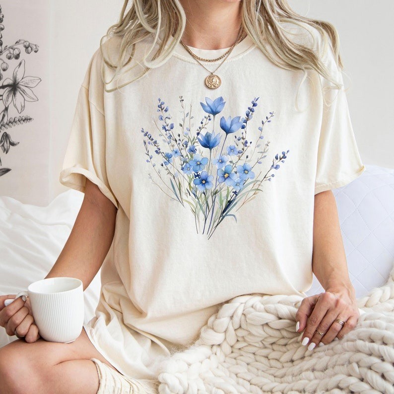 Blue Flower Bouquet Shirt, Flower Lover Shirt, Retro Floral Shirt, Flower Shirt