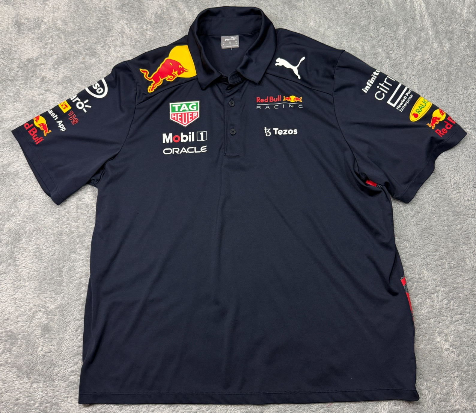 Puma Red Bull Formula 1 Racing Polo Shirt Mens XL Navy Blue Mobil 1 Tag Huer